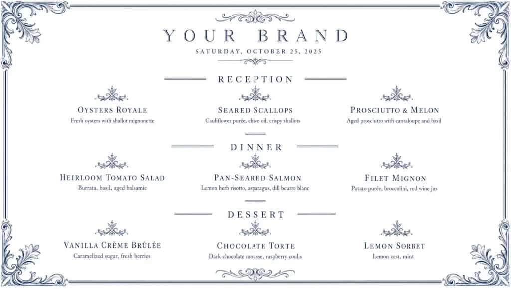 Formal dinner menu template, full design view.