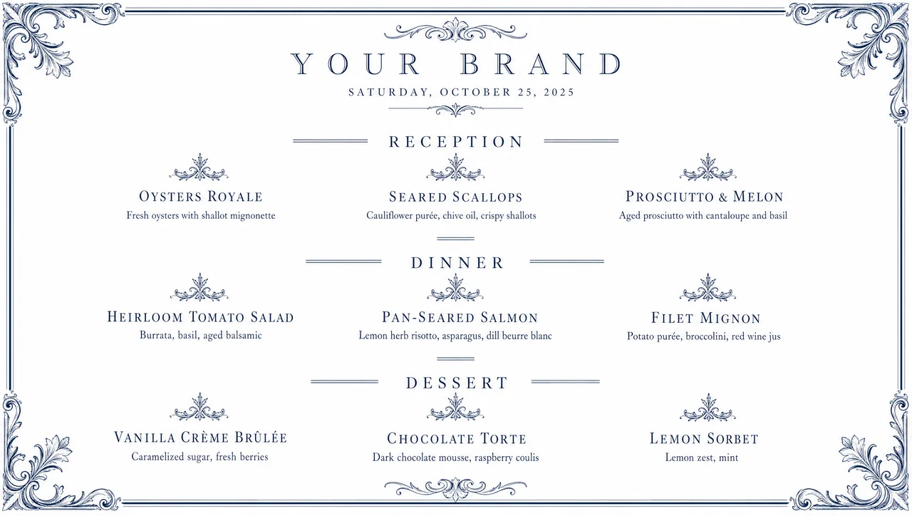 Formal dinner menu template, full design view.