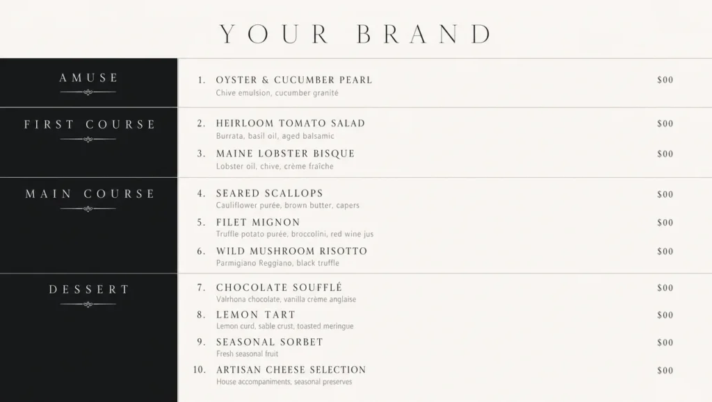 Formal menu template, full design view.