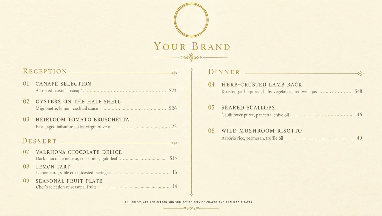 Formal dinner menu examples with a cream and gold crest.