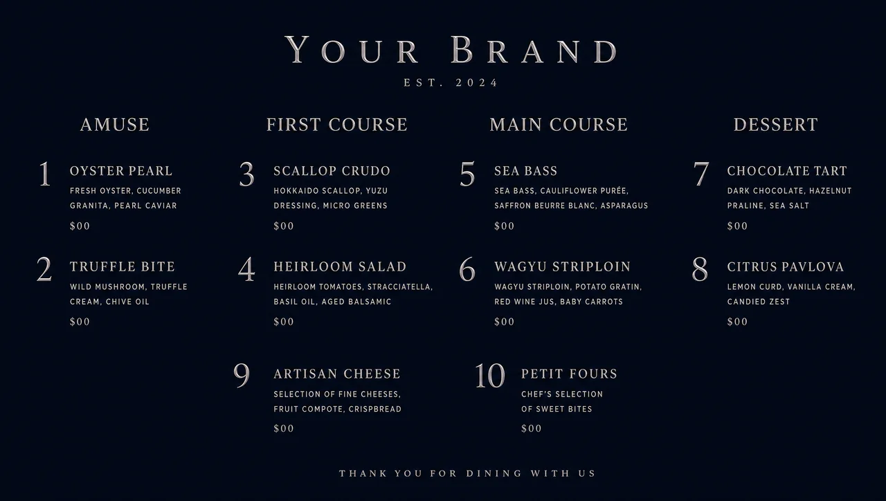 Formal menu design, dark full layout.