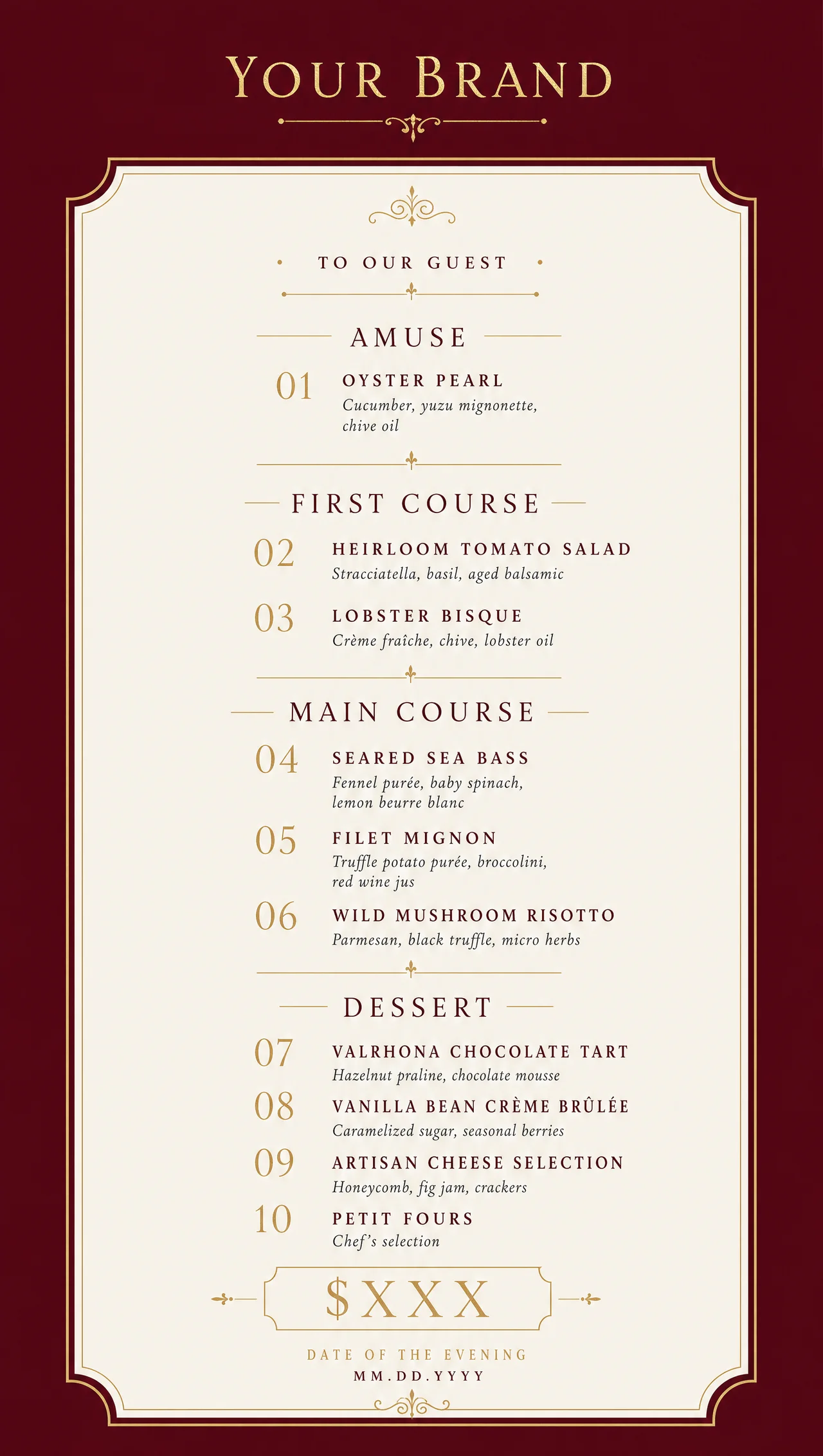 Formal dinner menu examples, vertical design view.