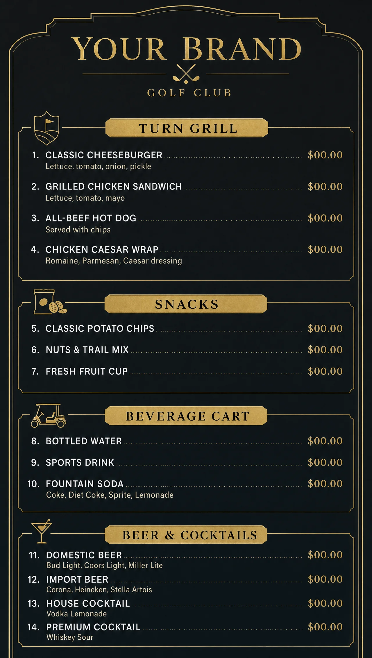 Golf course menu ideas, vertical layout design.