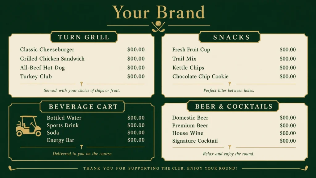 Golf course menu template, full design view.