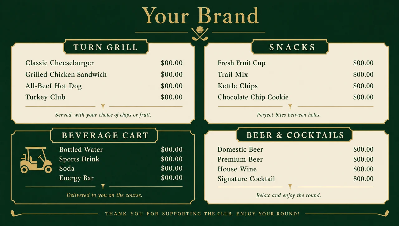 Golf course menu template, full design view.