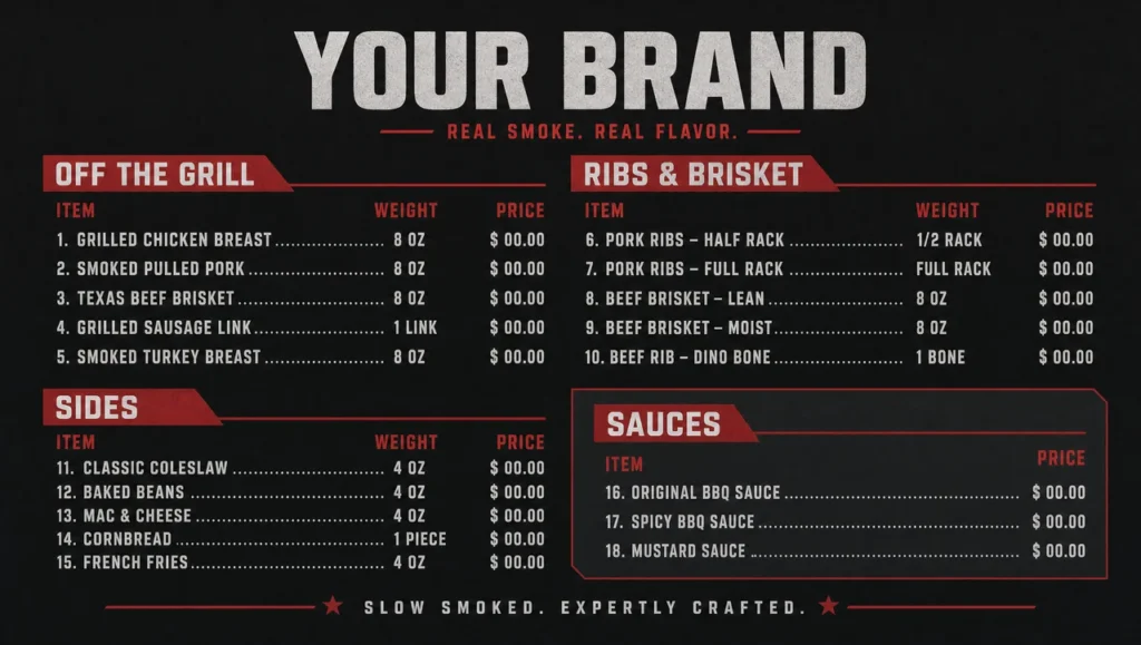 Grills menu template, full design view.