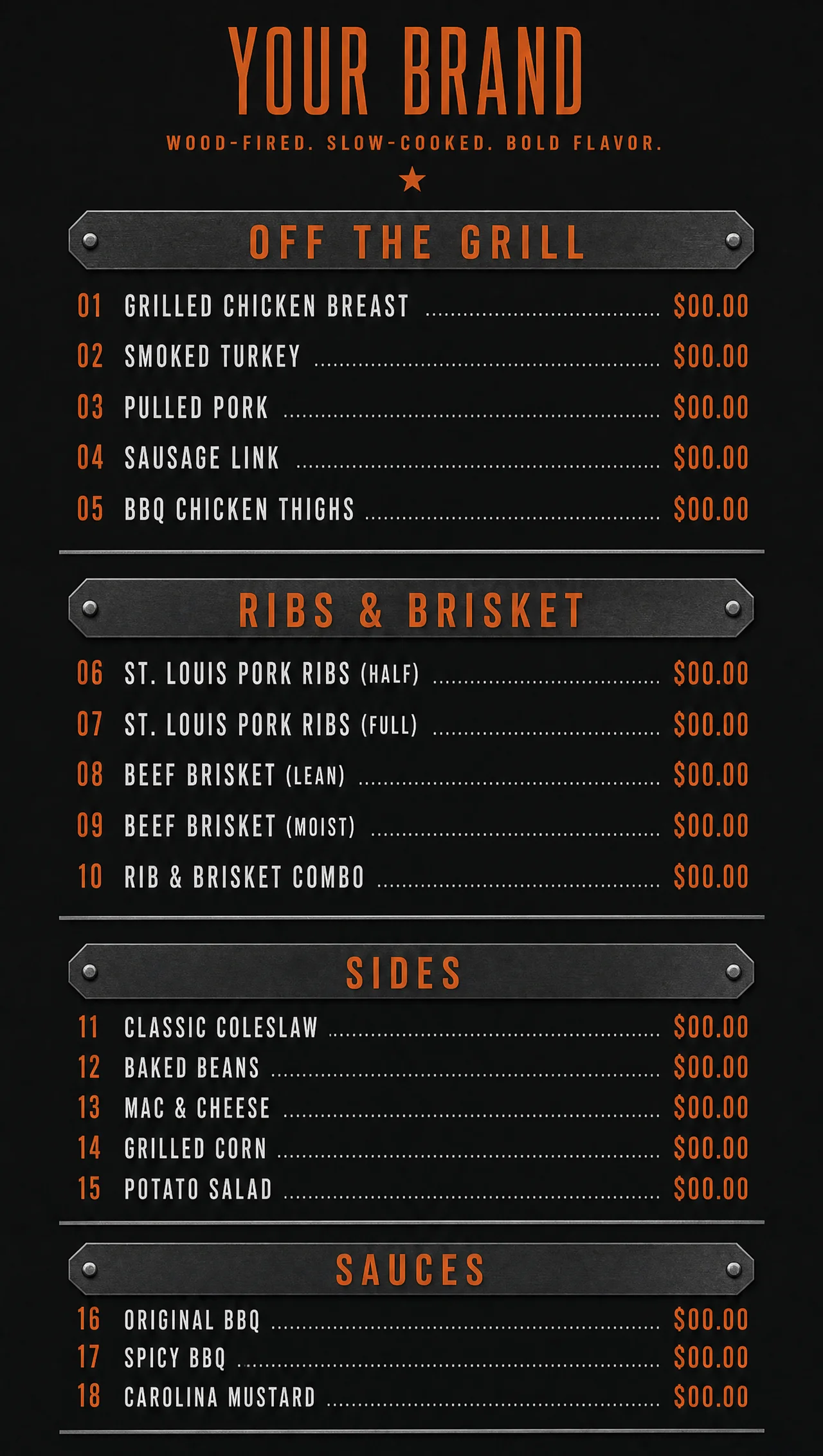 Grill menu items, vertical design view.