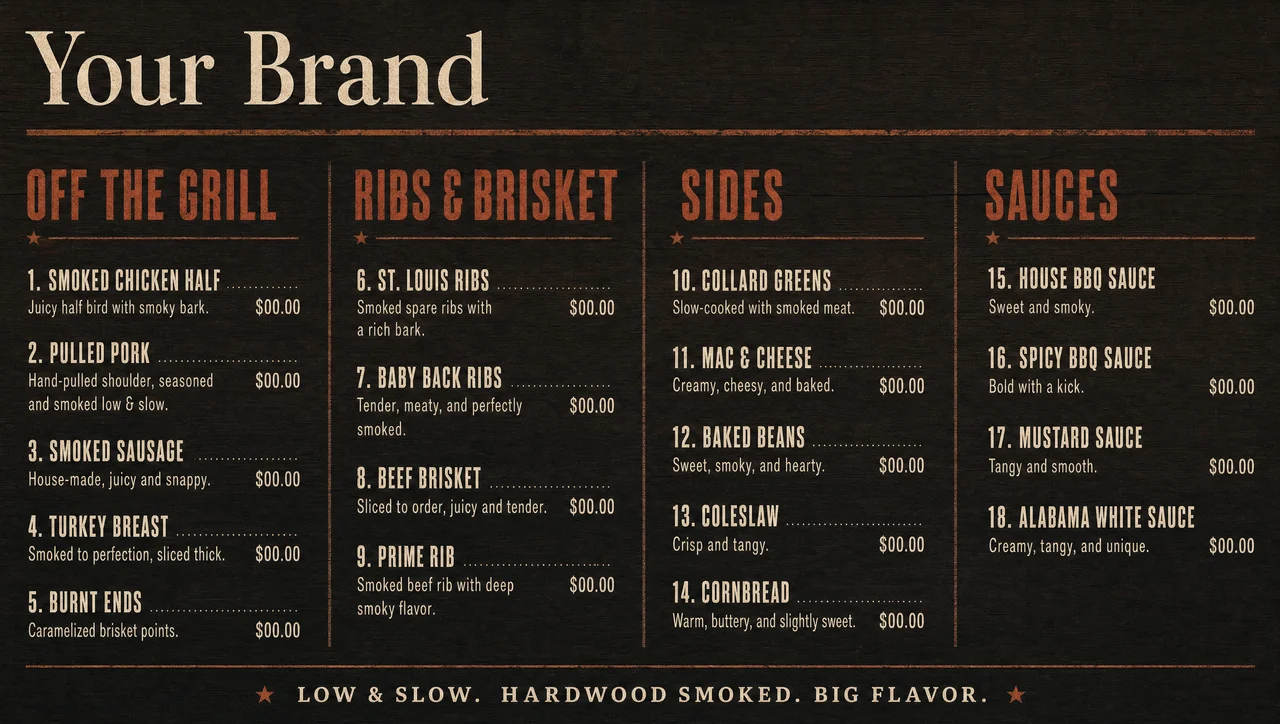 Barbecue restaurant menu, full layout view.