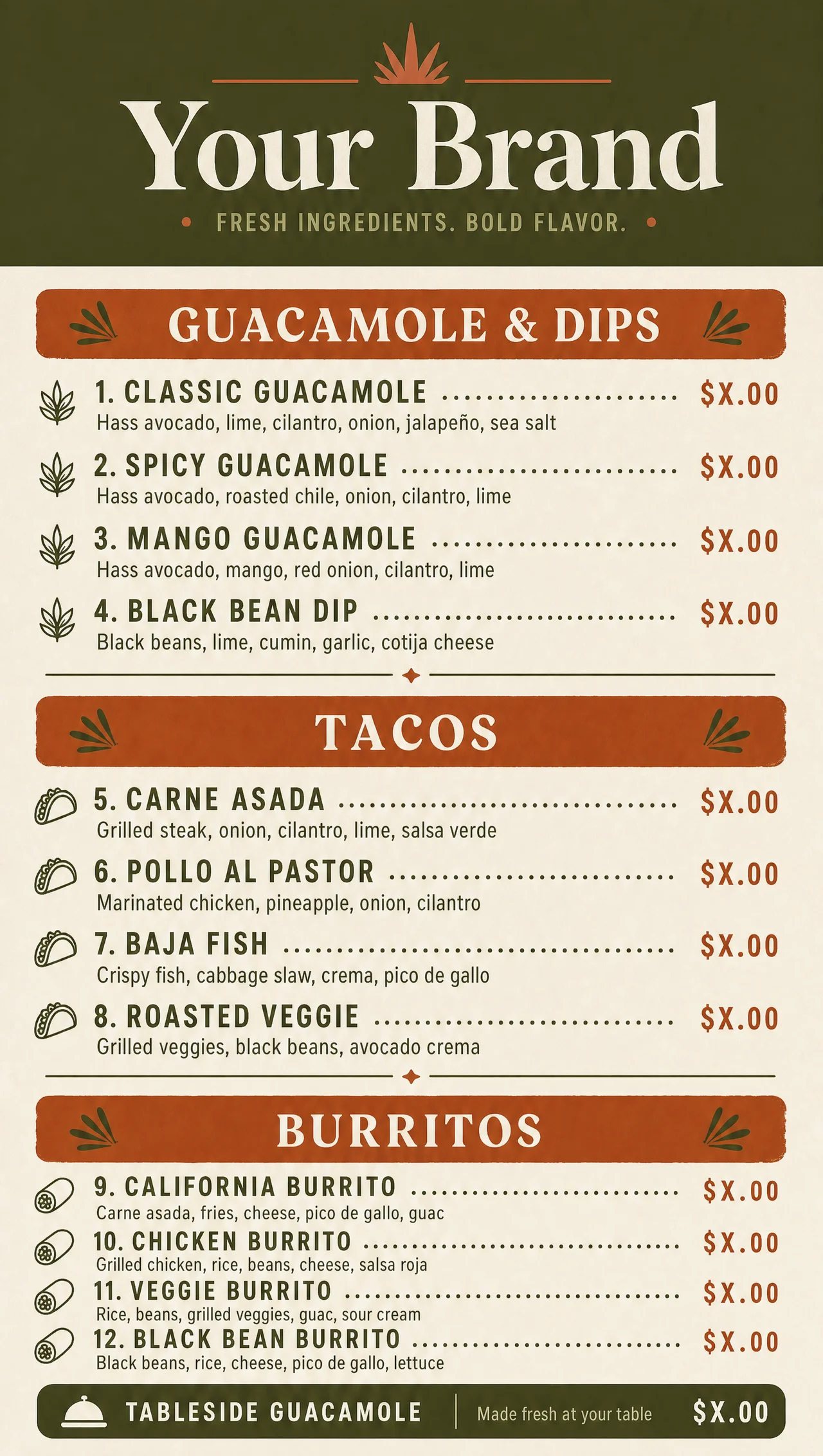 Guacamole restaurant menu, vertical dining room layout.