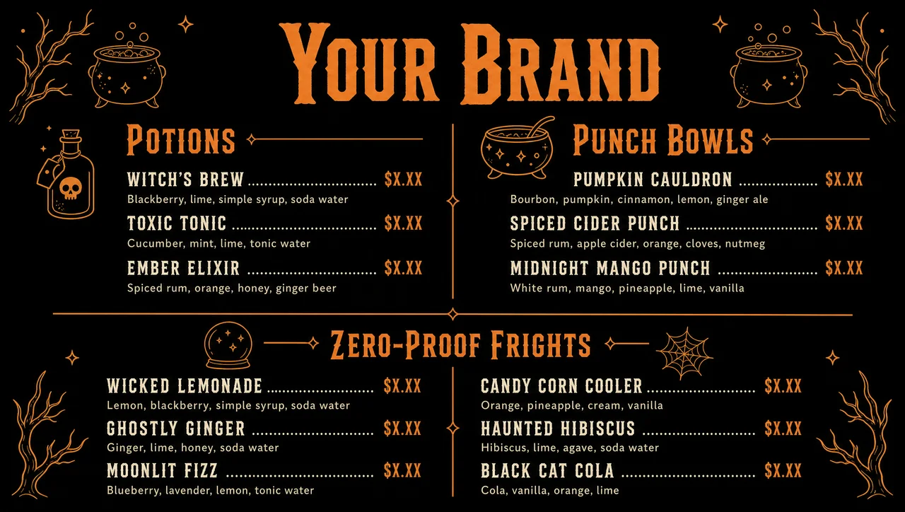 Halloween drink menu template, full design view.