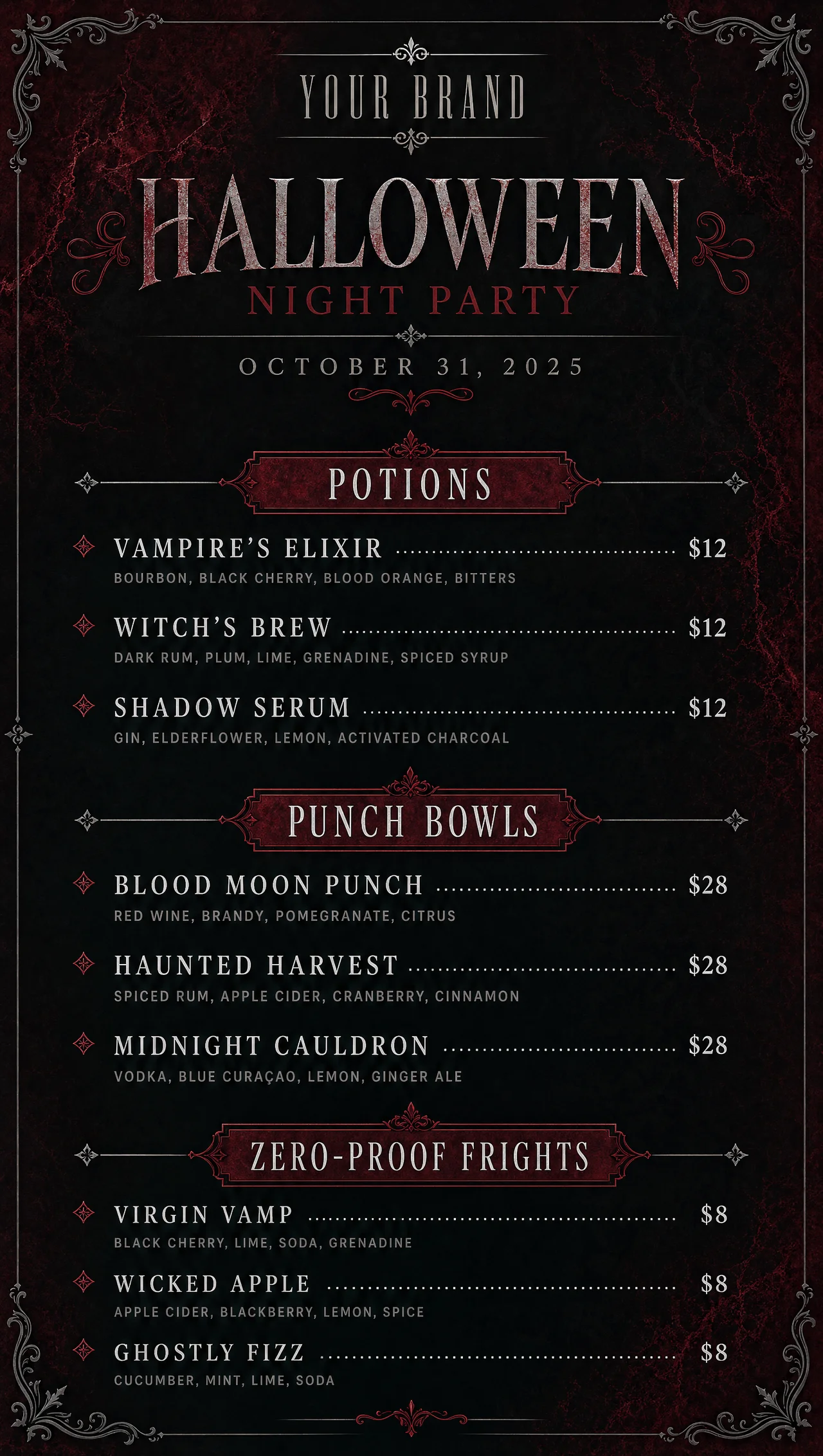 Halloween party drink menu, vertical layout design.