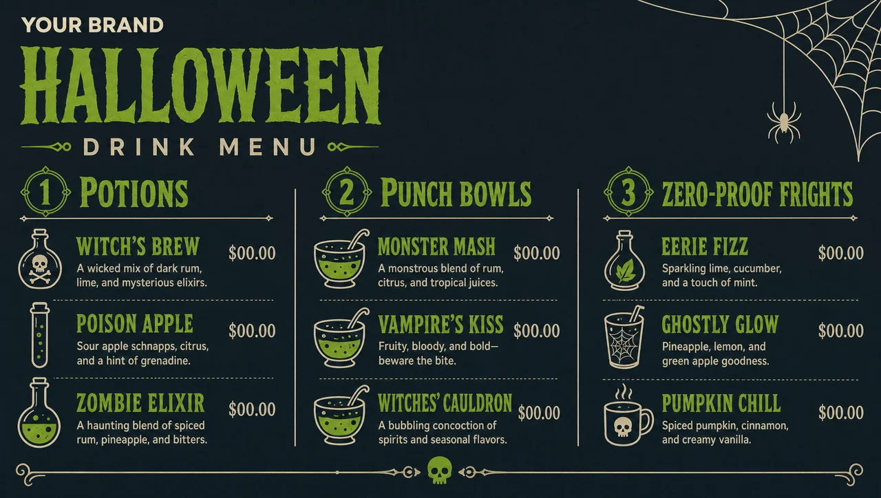 Halloween cocktail menu design, full layout.