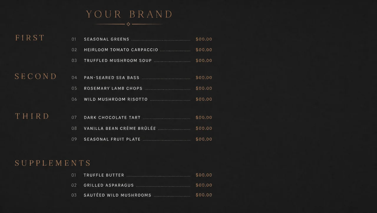 High end restaurant menus in charcoal and metallic.