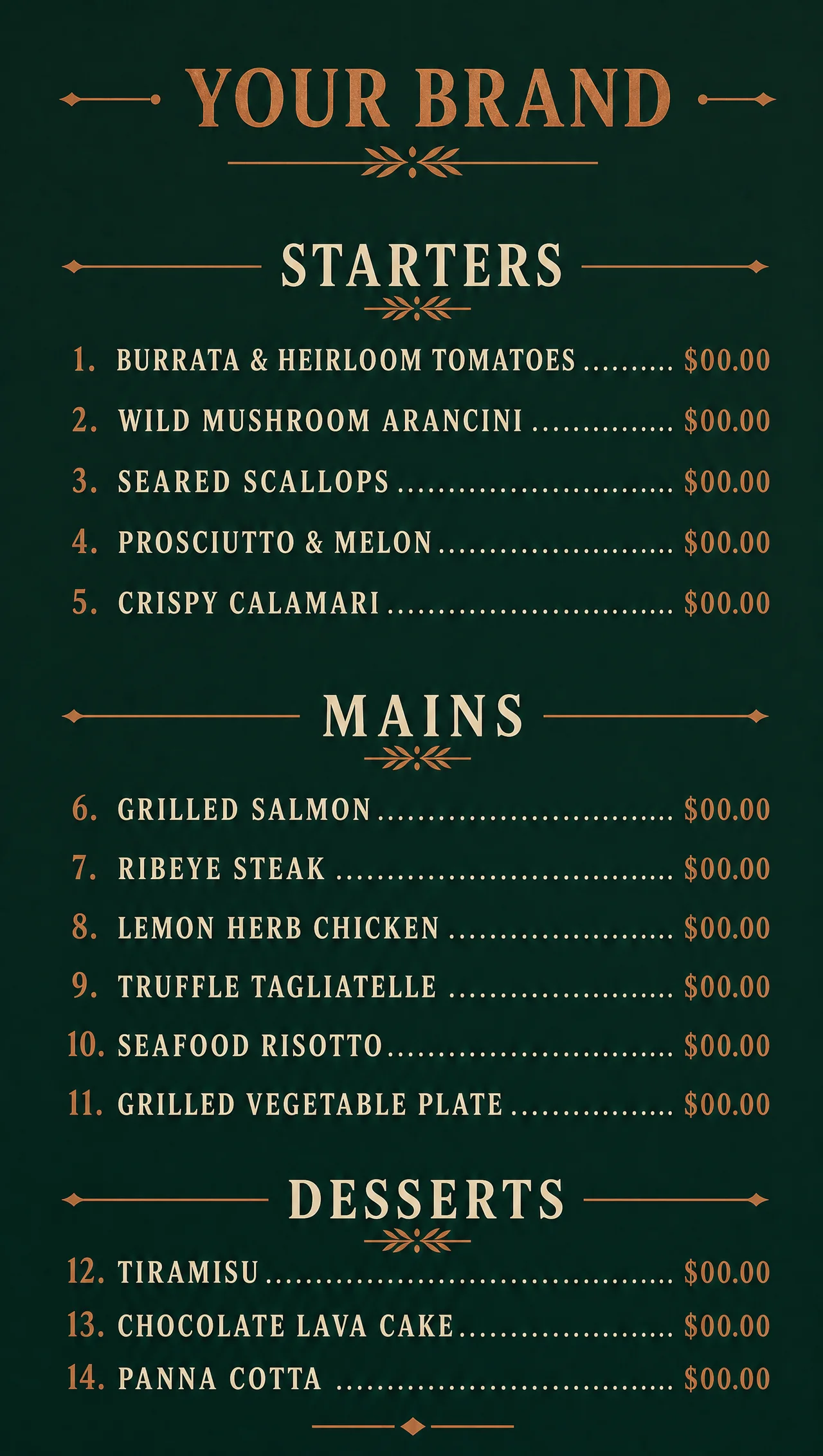 Bistro menu items, vertical terrace layout.