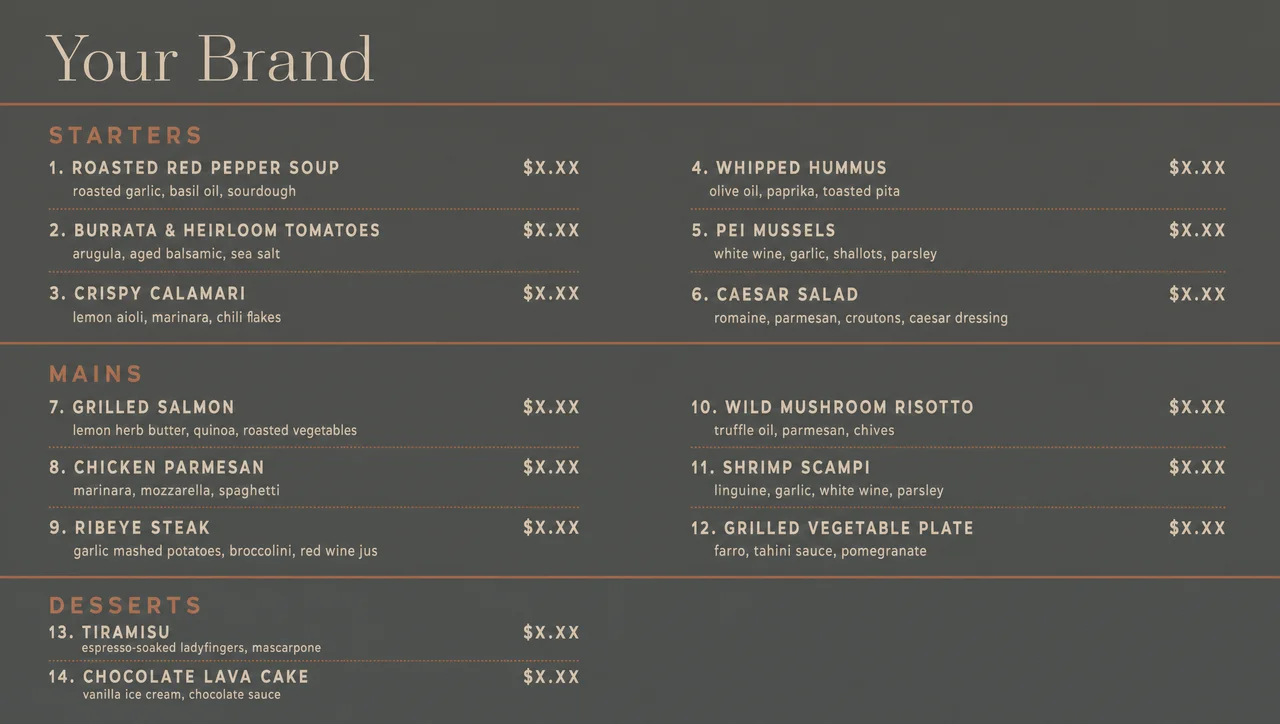 Bistro menu design, full waterside layout.