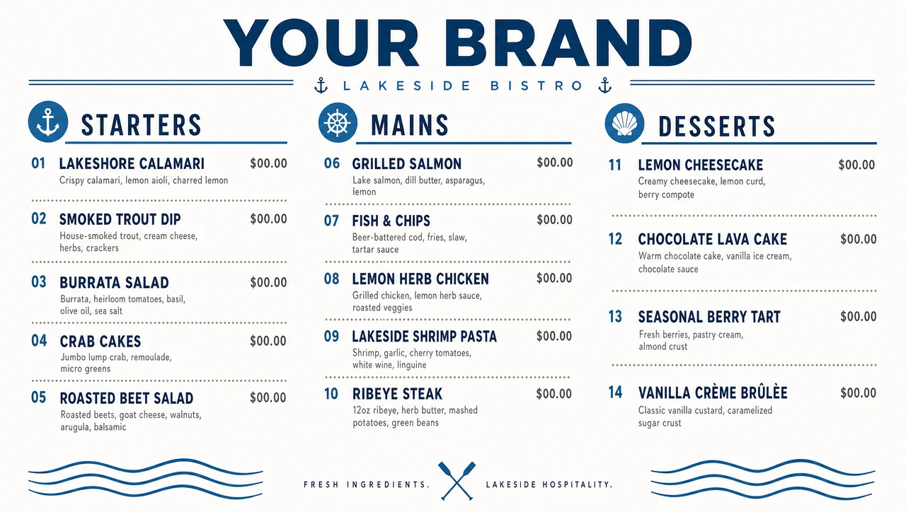 Lakeside menu template, full design view.