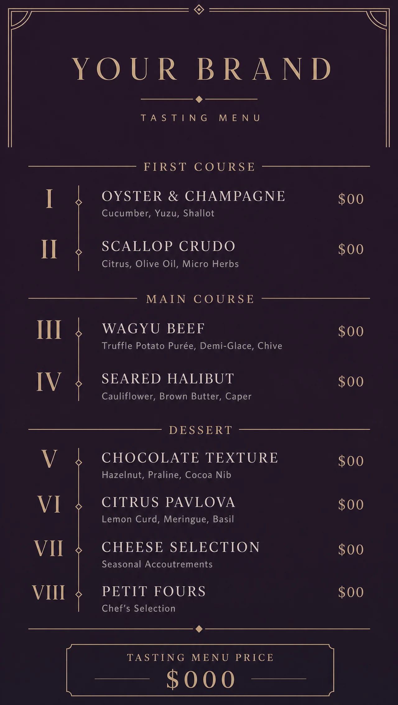 Fine dining tasting menu, vertical layout design.