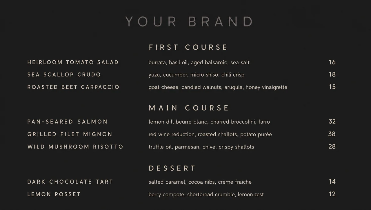 Fine dining menu template, dark full layout.