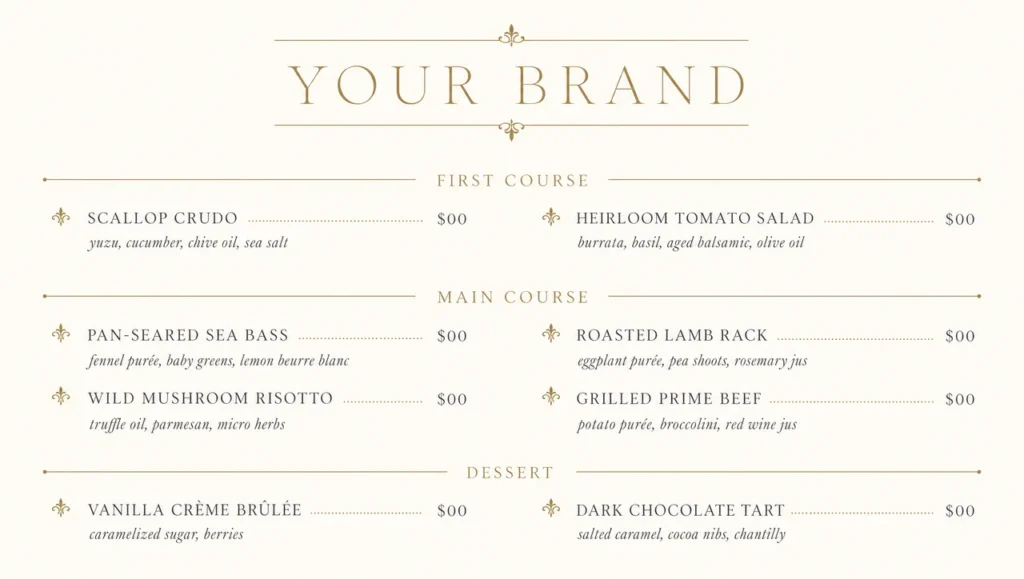Limited fine dining menu template, full design view.