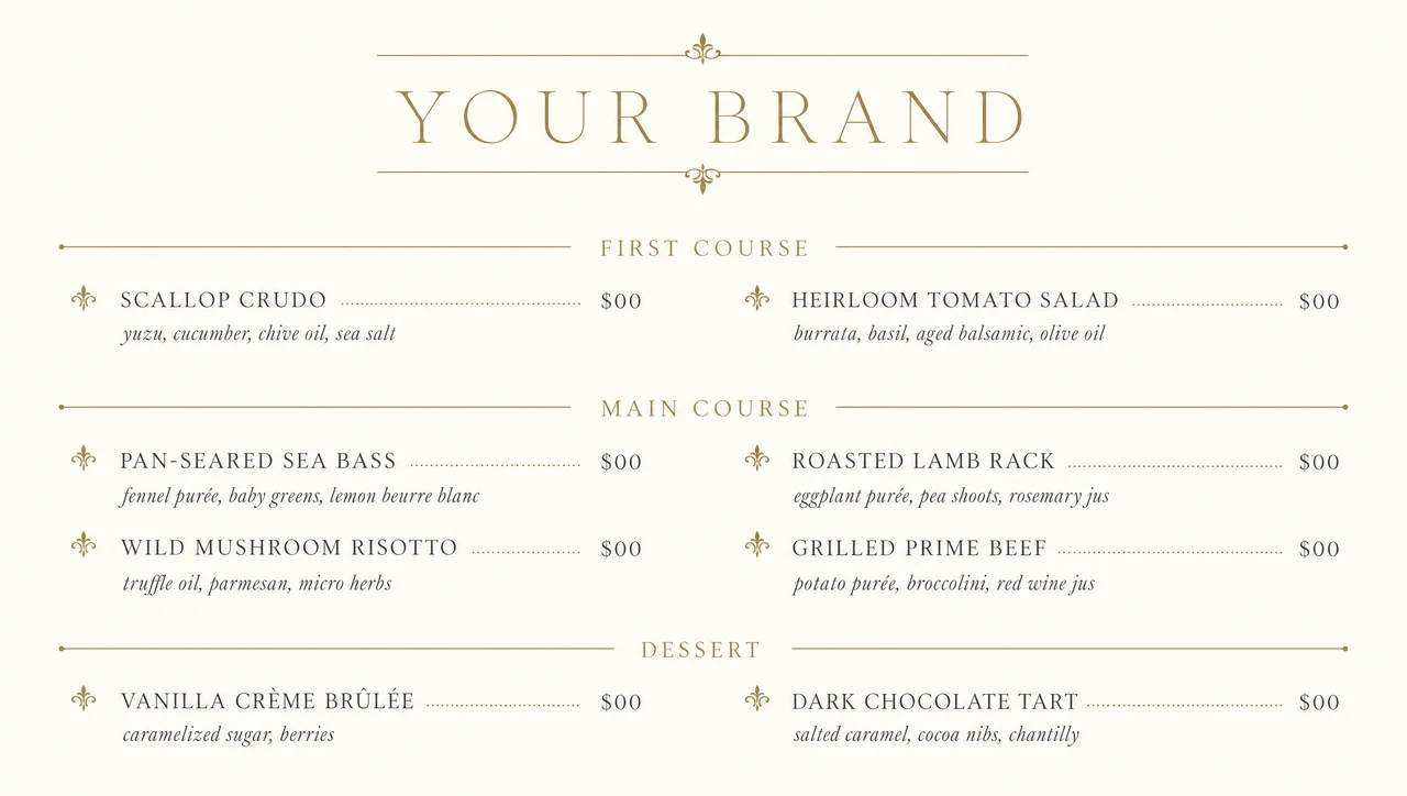 Limited fine dining menu template, full design view.
