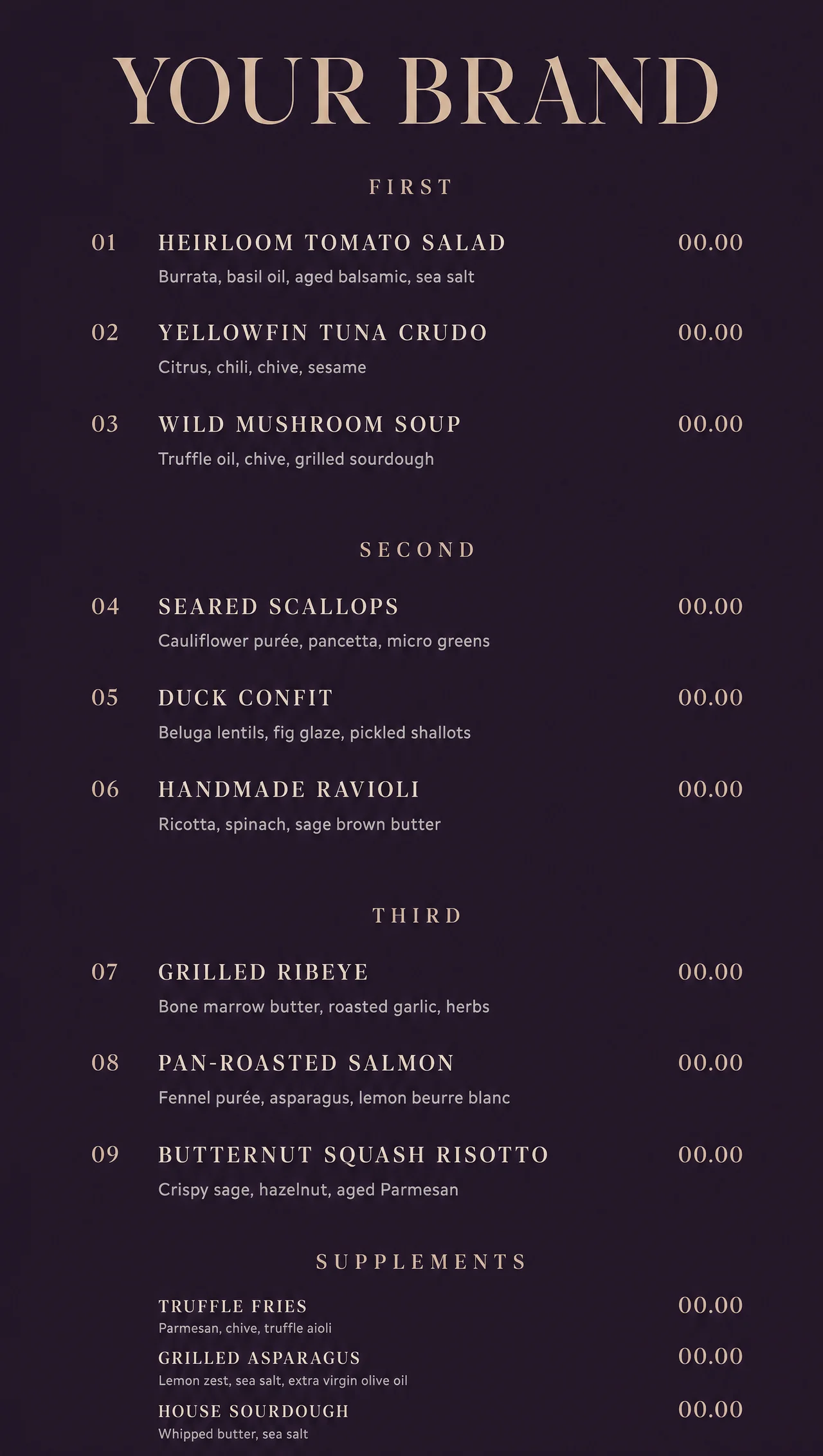 Luxury food menu on a vertical aubergine panel.