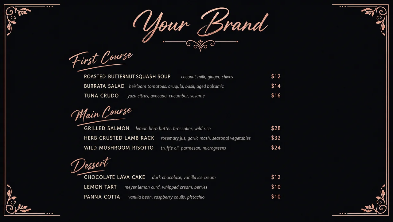 Menu in cursive with black and rose gold script.