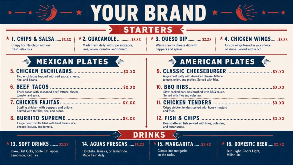 Mexican american cuisine menu template, full design view.
