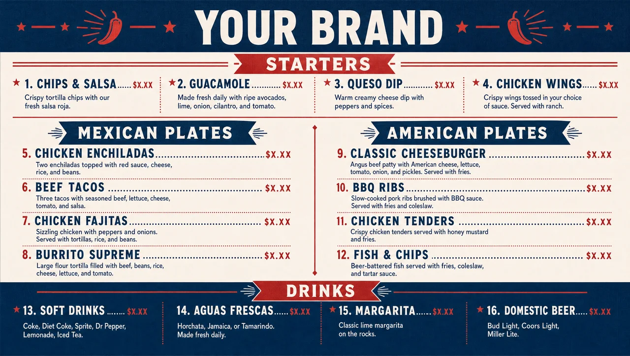 Mexican american cuisine menu template, full design view.