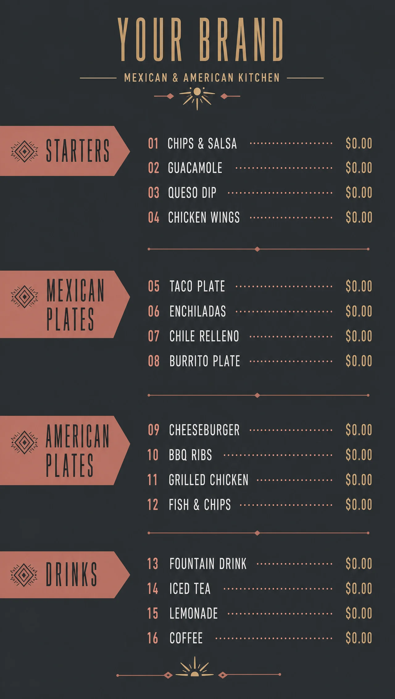 Mexican cuisine menu and american cuisine menu in one vertical build.