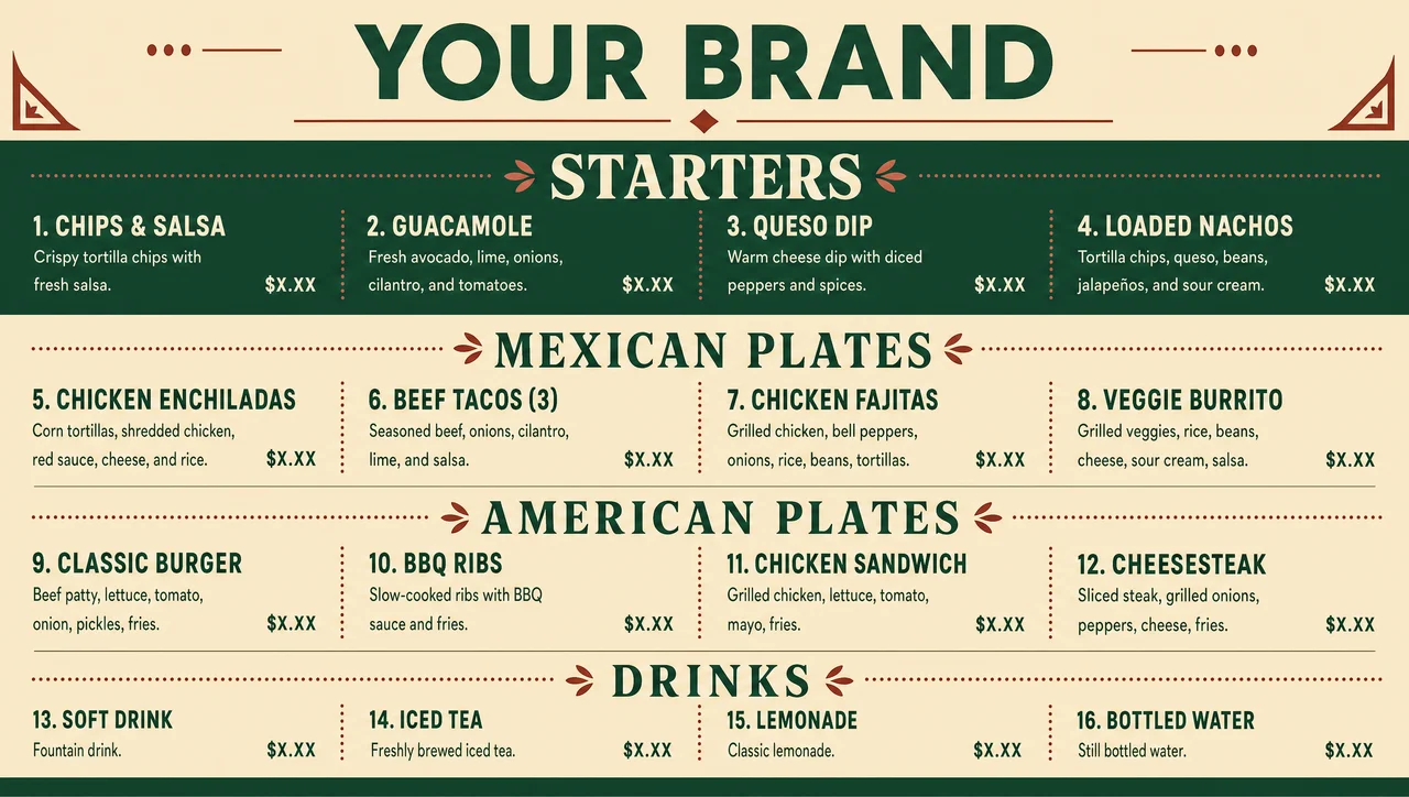 Mexican american menu with stacked plate sections.