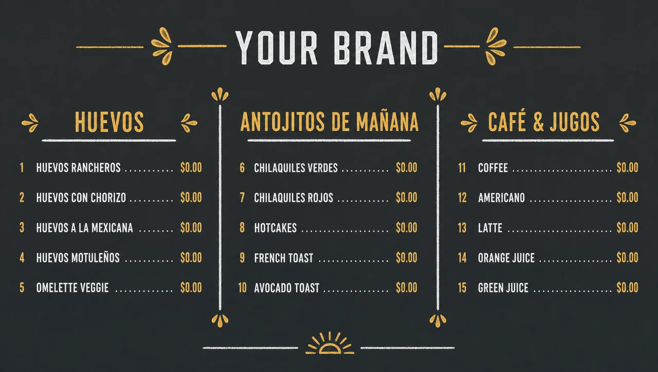 Mexican breakfast menu items listed with prices only.