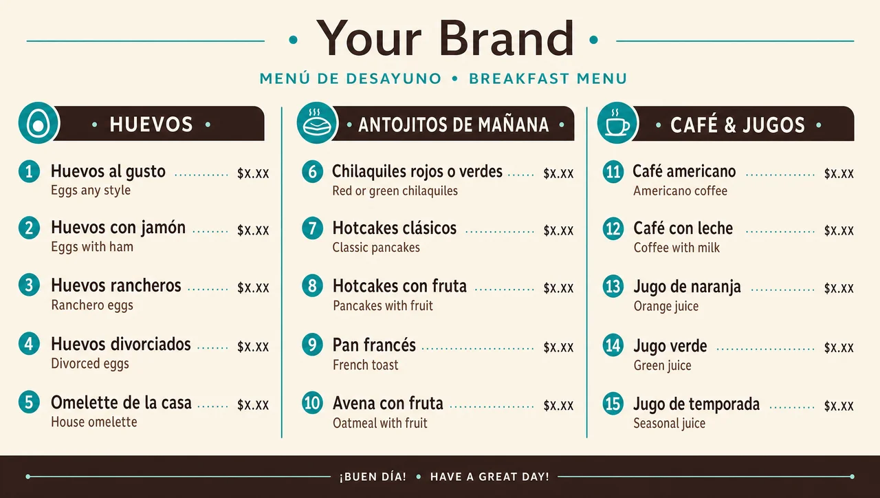 Mexican breakfast menu in spanish with English lines under each dish.