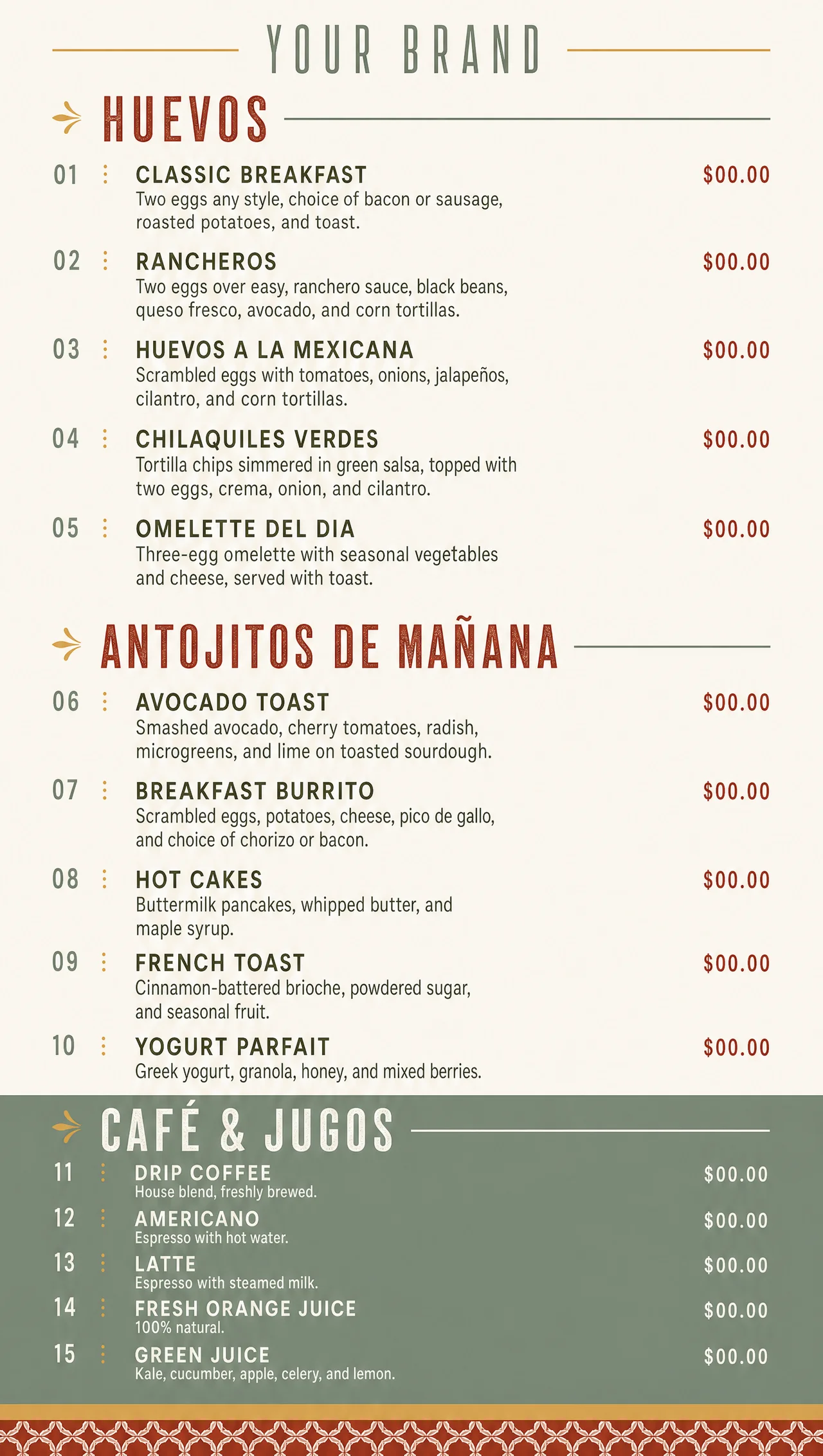 Mexican breakfast menu ideas in a vertical entrance panel.