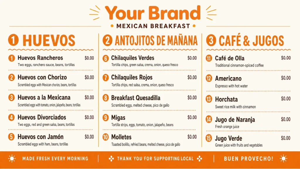 Mexican breakfast menu template, full design view.