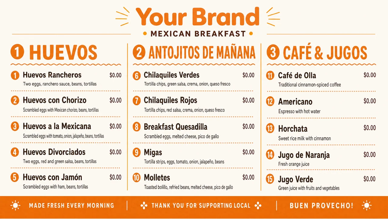 Mexican breakfast menu template, full design view.