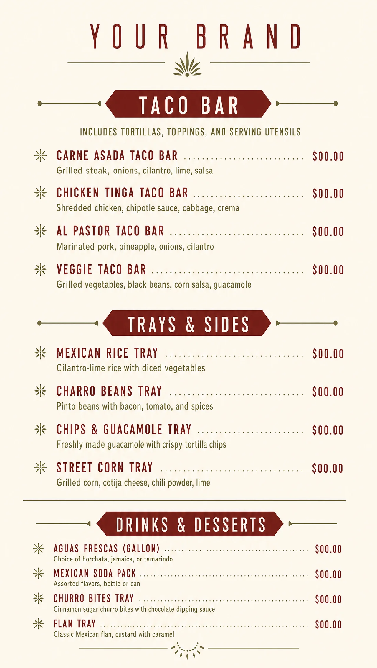 Mexican catering menu editable in a vertical lobby layout.