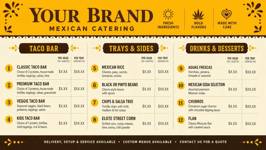 Mexican catering menu template, proposal design view.
