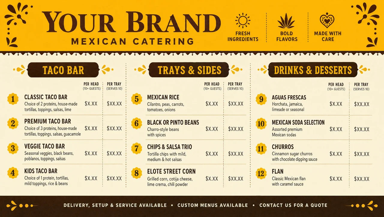 Mexican catering menu template, proposal design view.