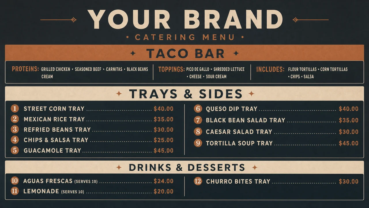 Mexican catering menu ideas for an on-site taco bar station.