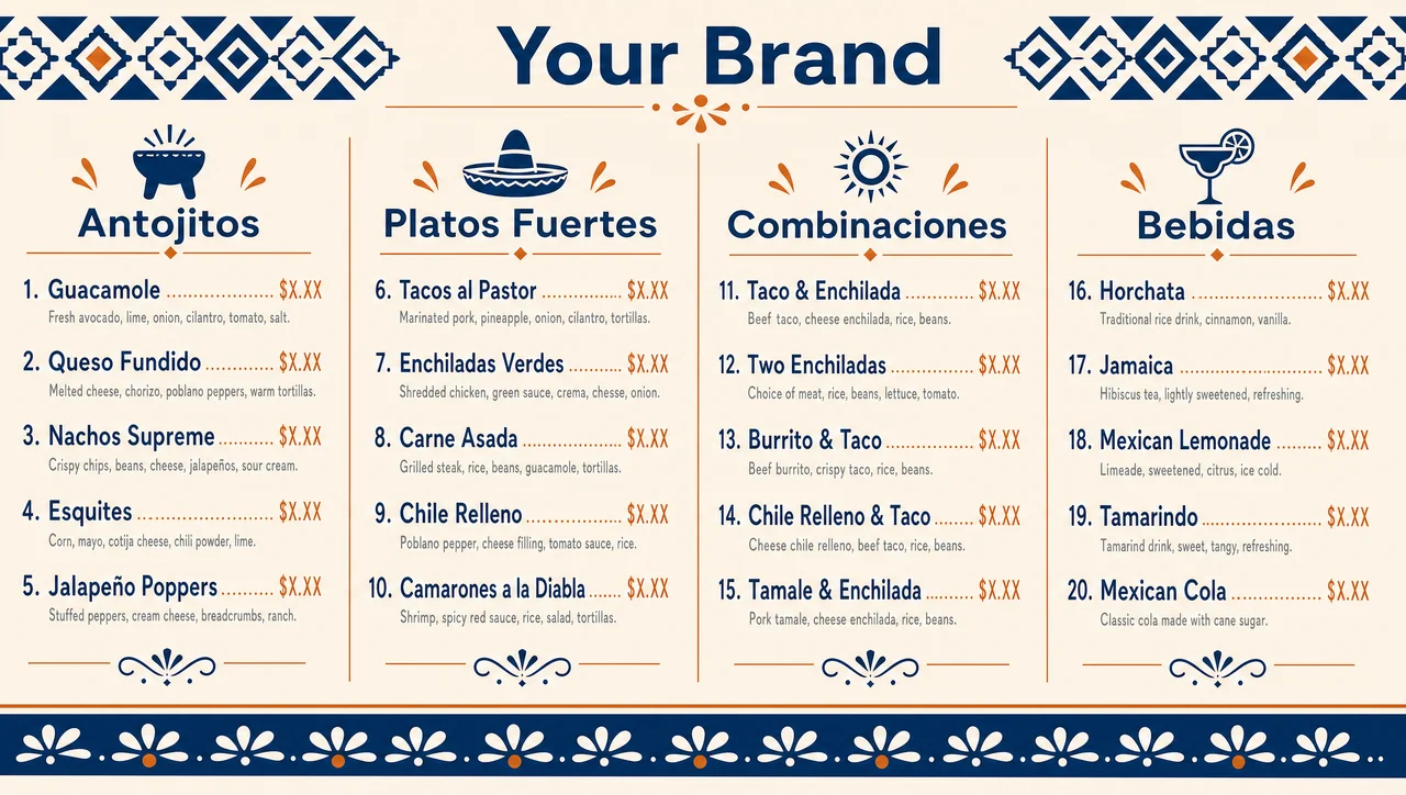 Sample mexican restaurant menu with bilingual dish lines.