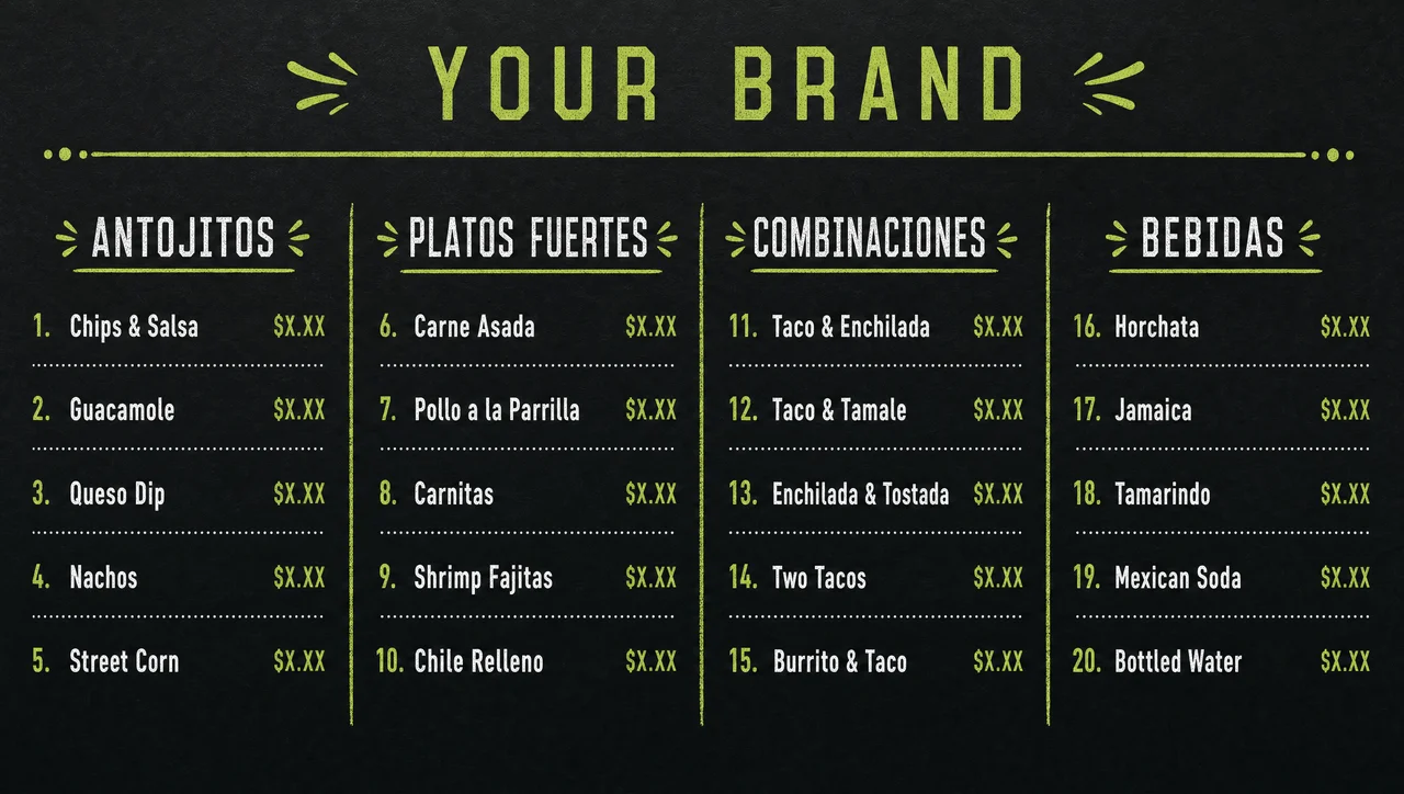 Mexican restaurant menu items listed without descriptions.
