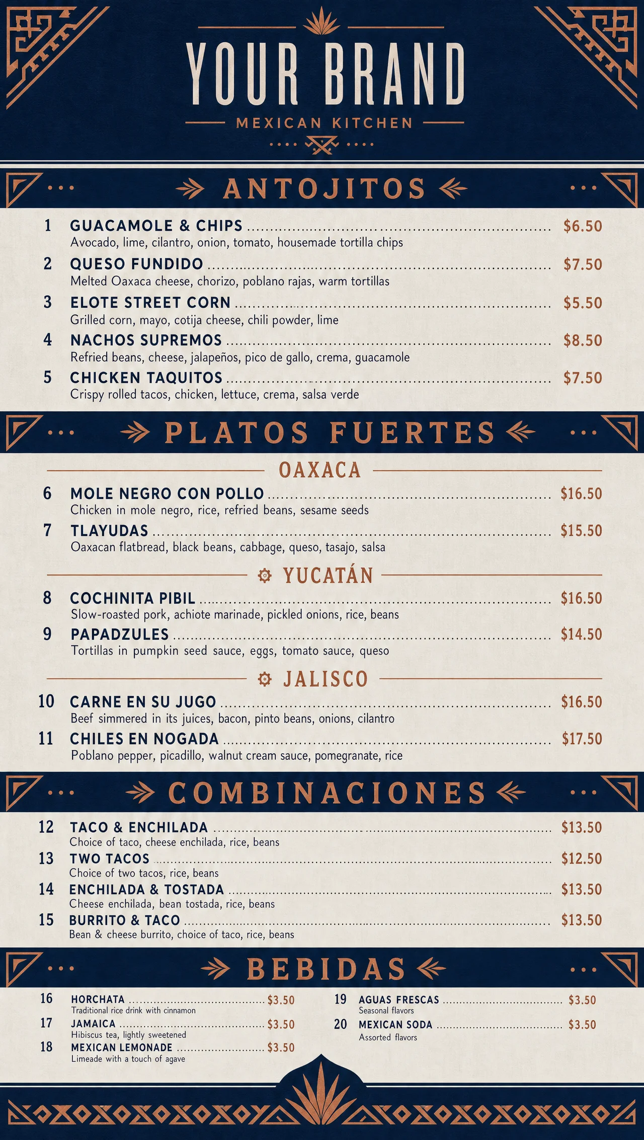 Authentic mexican menu grouped by region, vertical build.