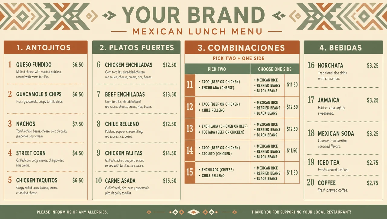 Mexican lunch menu ideas built around combination plates.