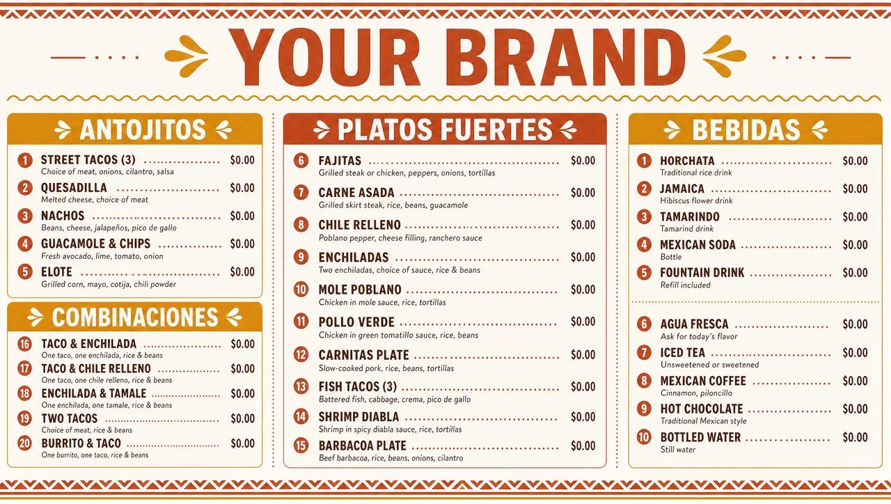 Mexican restaurant menu ideas in one example template.