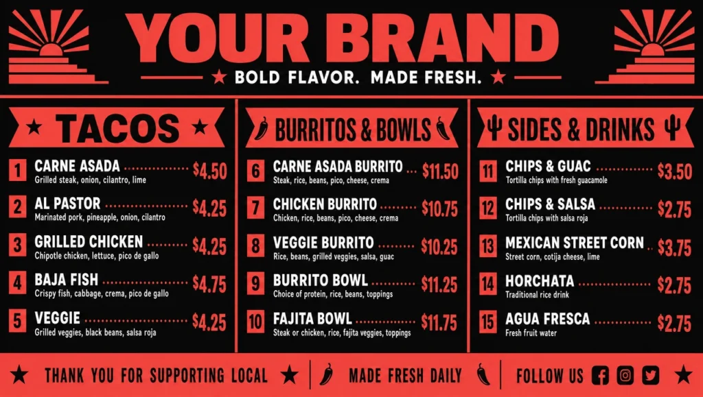Mexican food truck menu template, service window design.