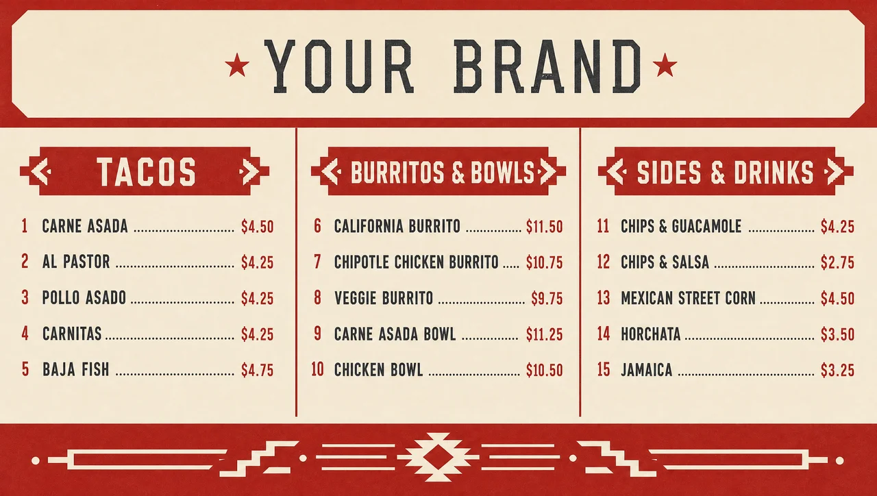 Mexican food truck menu items listed with prices only.