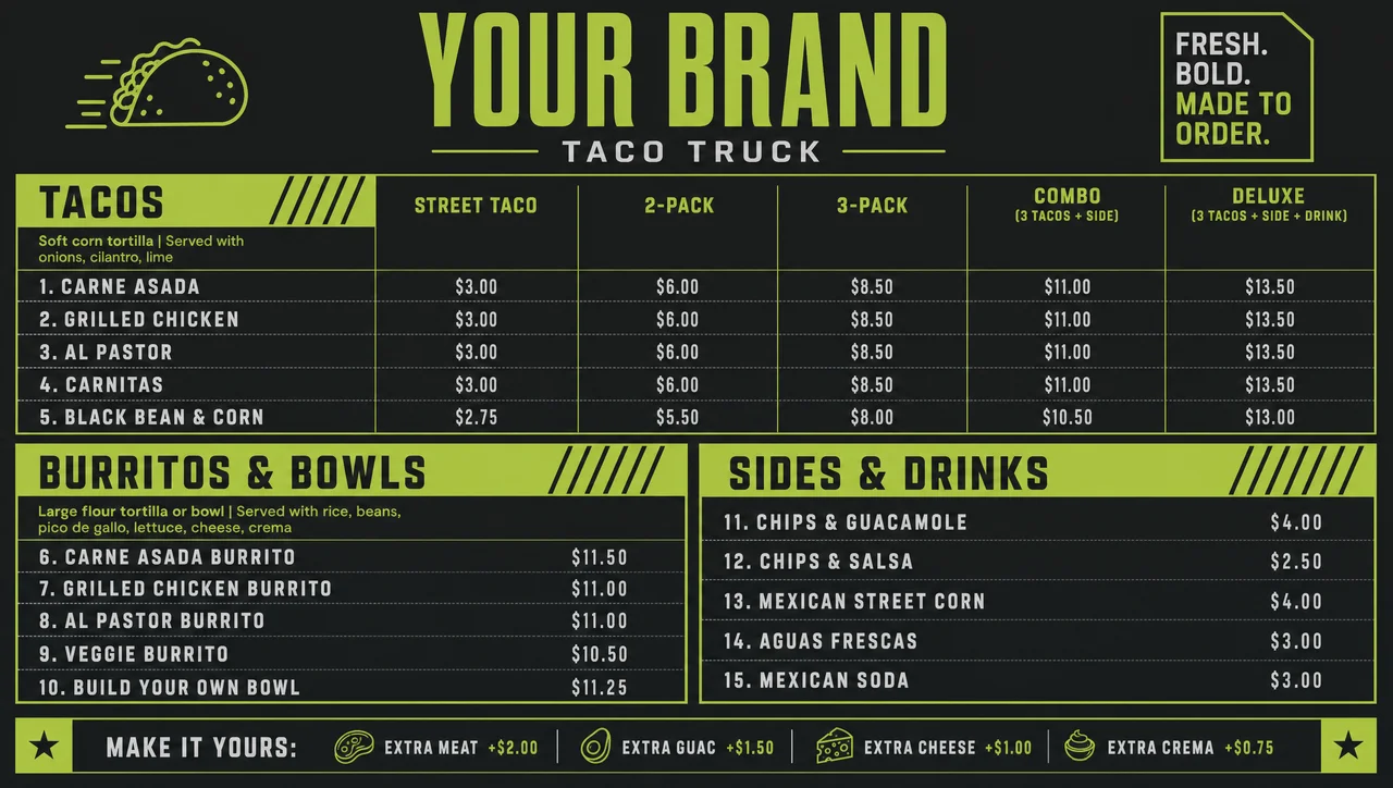 Taco truck menu ideas laid out as a fill-and-price grid.