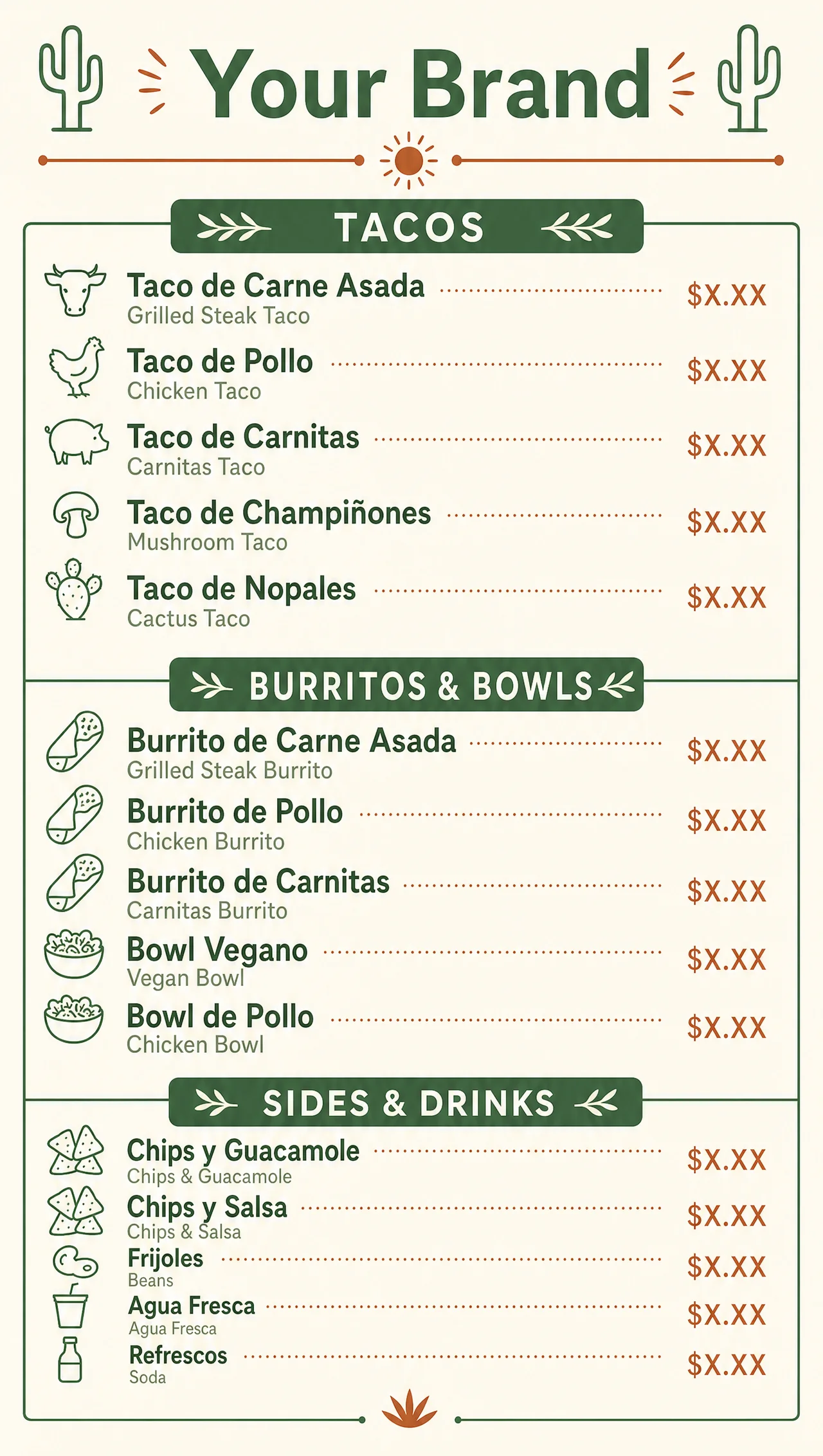 Food truck menu, mexican and spanish lines in two languages.