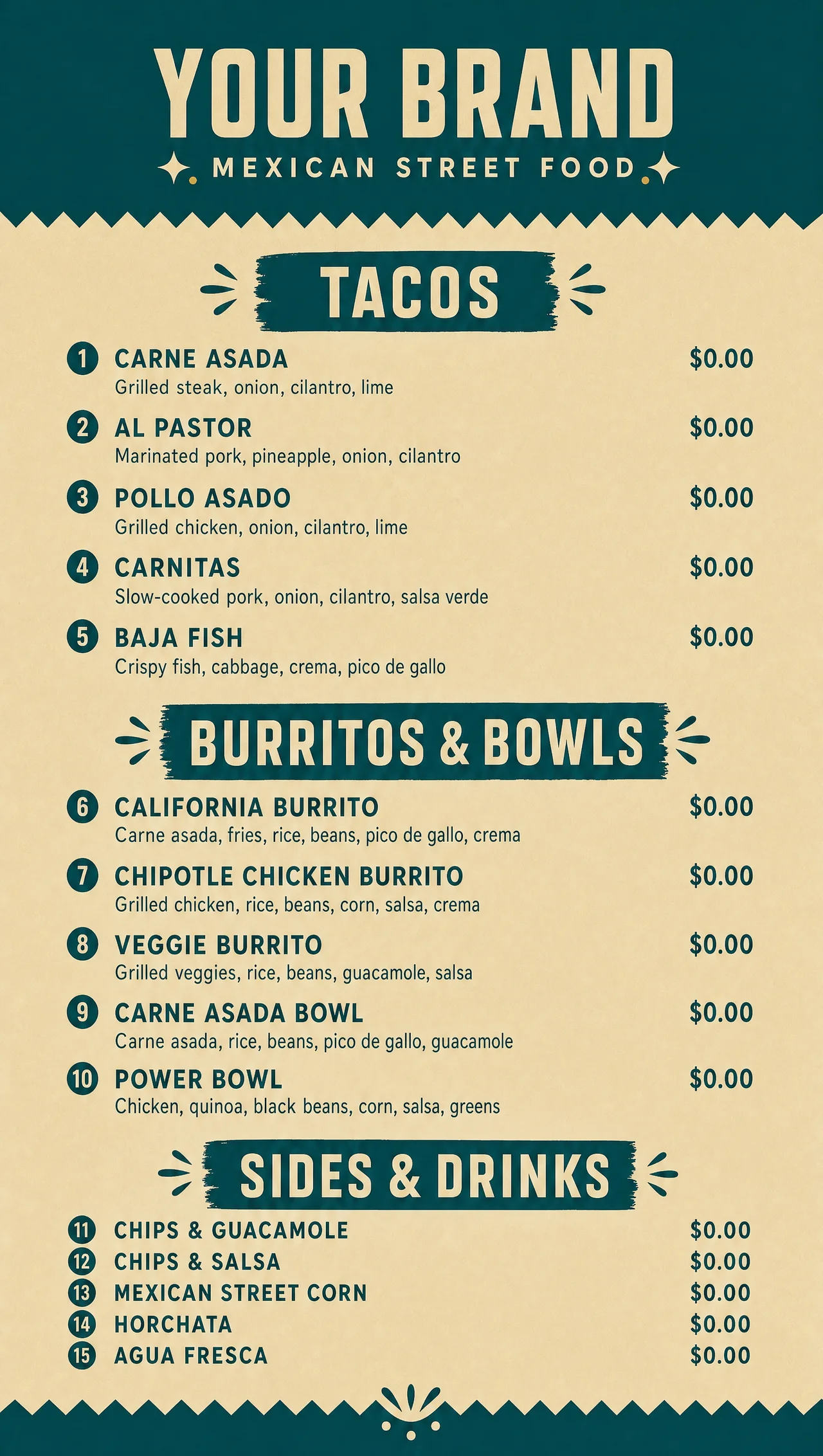 Food truck mexican menu, vertical hatch panel build.
