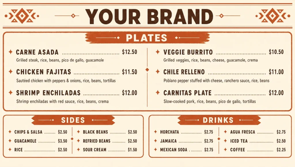 Mexican plates menu template, full design view.